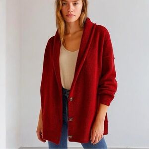Free People Eucalyptus Deep Red Shawl Neck Buttoned Long Cardigan Sweater